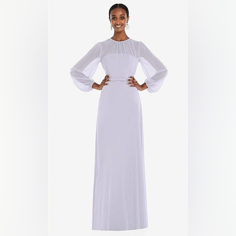 STRAPLESS CHIFFON MAXI DRESS WITH PUFF SLEEVE BLOUSON OVERLAY IN SILVER DOVE